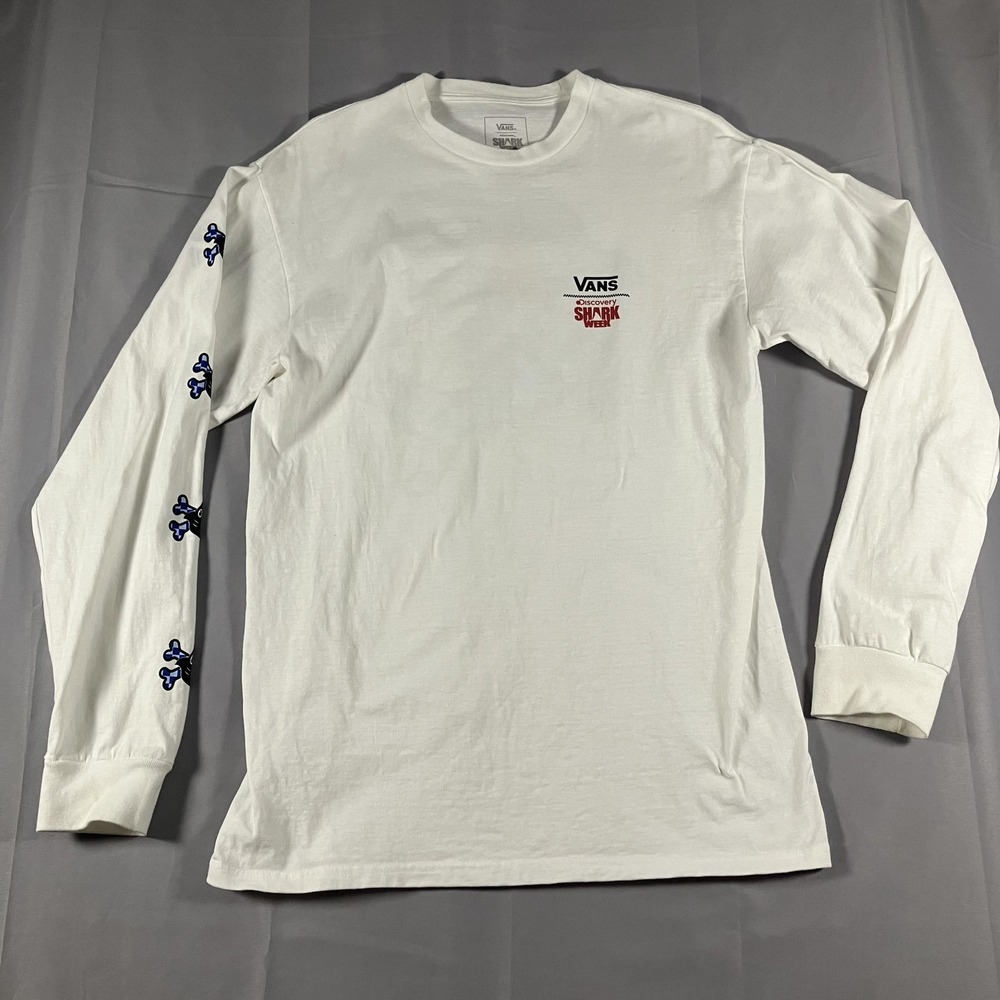 Vans Shark Week Shirt Mens Medium White Long Sleeve Discovery Graphics 2019